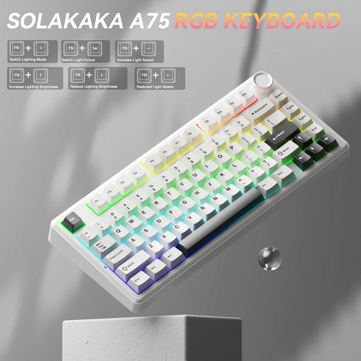 SOLAKAKA A75 75% Wireless Mechanical Keyboard, Hot Swappable Gaming Keyboard with Multifunction Knob & RGB, Gasket Mounted Creamy Keyboard, PBT Keycaps, Compact Layout for Win/Mac/PC