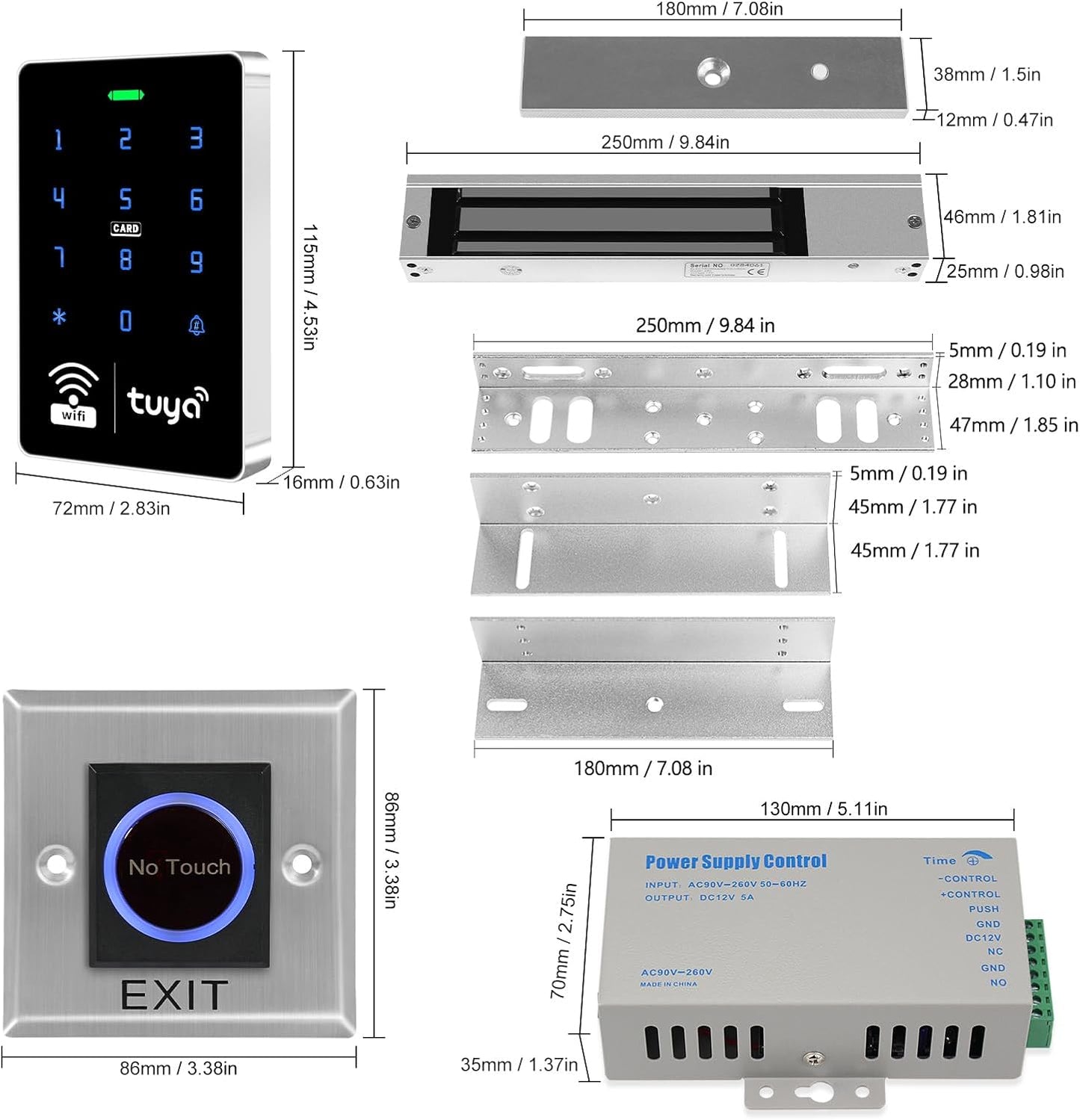 WiFi TUYA Complete Security Access System Kit with Waterproof RFID Touch Keypad Door Lock, Smart Remote Door Opener, App，600-Pound Electric Magnetic Lock + ZL, Metal Sensor Switch, Doorbel