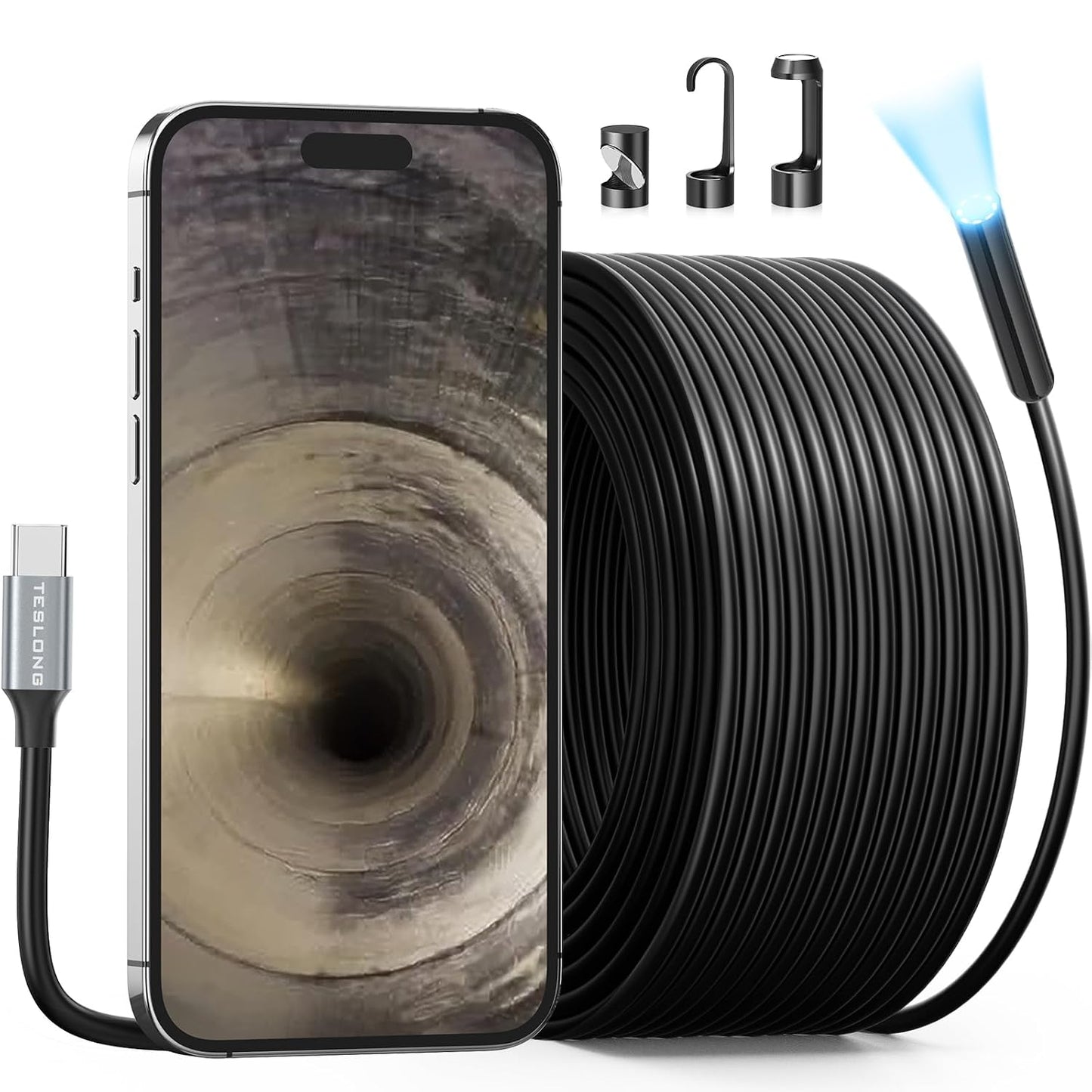 Teslong 50FT USB C Borescope Camera with Light for iPhone 15/16/17 Android | 15m DIY Scope Camera for Sewer Drain Pipe Inspection, 8 LED Lights, IP67 Waterproof, 1.0MP HD Endoscope, Flexible Snake Cable