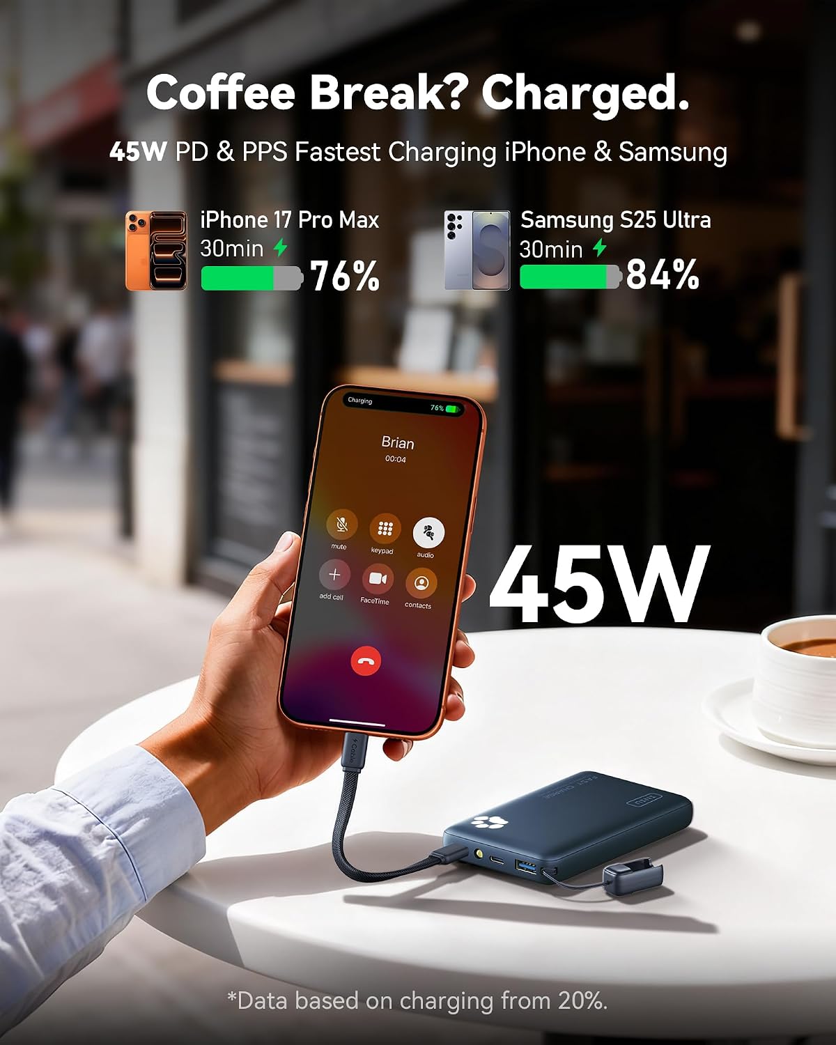 INIU 45W Fast Charging Portable Charger, Smaller 10000mAh Travel Power Bank | Flight-Safe, Detachable USB C Cable, Travel Essential, External Battery Phone Pack for iPhone 17 Samsung S26 iPad etc, Blue