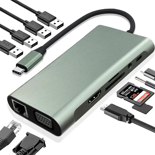 USB C Hub 11-in-1 Docking Station, Type-C Multiport Adapter with 4K HDMI, VGA, 100W PD, USB 3.0, RJ45 Ethernet, SD/TF Card Reader, AUX, Compatible with MacBook Pro/Air, Chromebook, Laptops