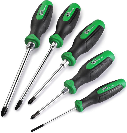 SK 5-Piece Phillips Screwdriver Set, Magnetic Screwdriver Set, S2 Steel | Heat-Treated Chrome Plating Shaft, Black Oxide Tip, SureGrip Handle
