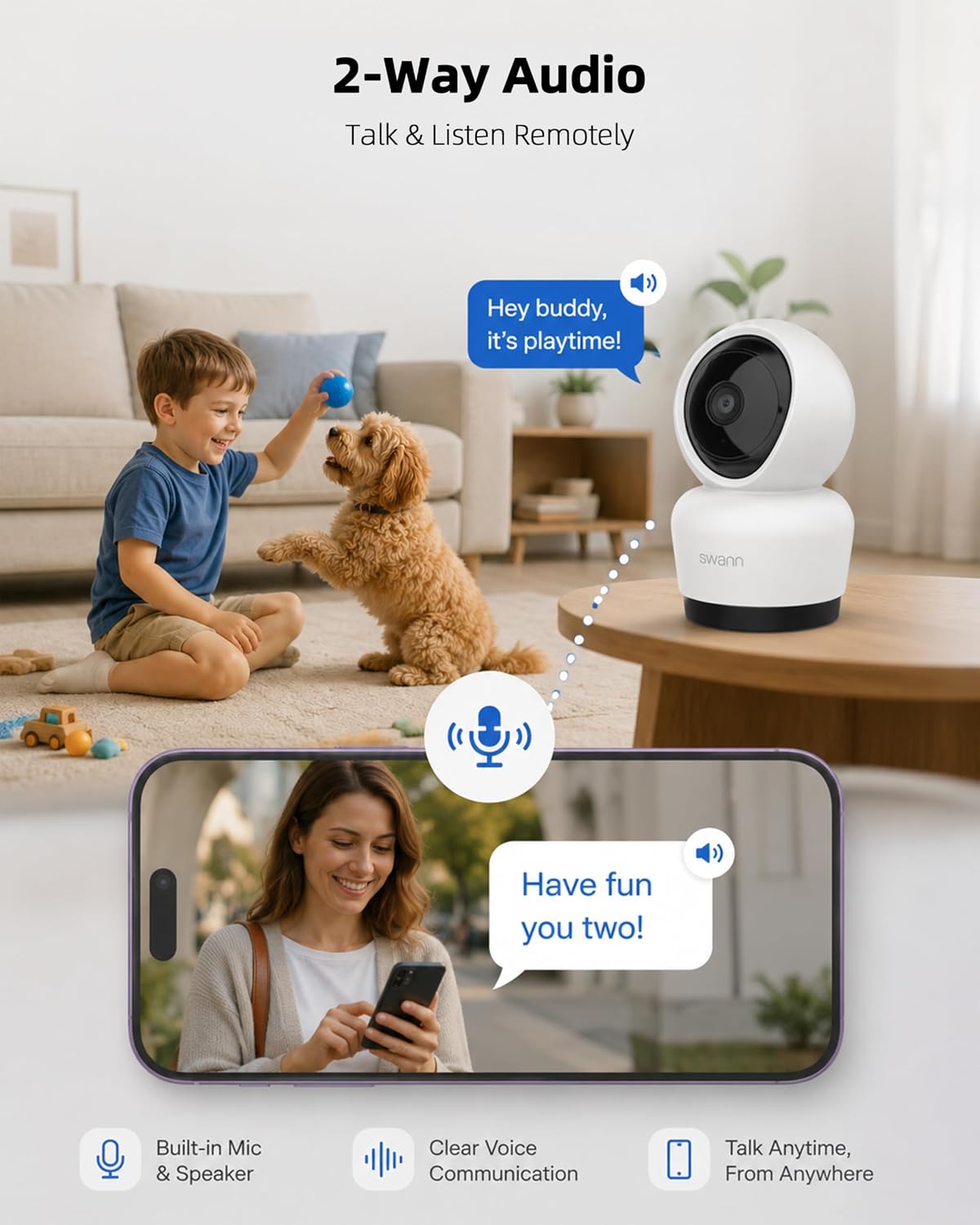 Swann 3K Indoor Pan Tilt WiFi Security Camera, 5MP Plug-in Home PT Camera with Night Vision, Two-Way Audio, Human Motion Detection, Work Security APP（2 Packs