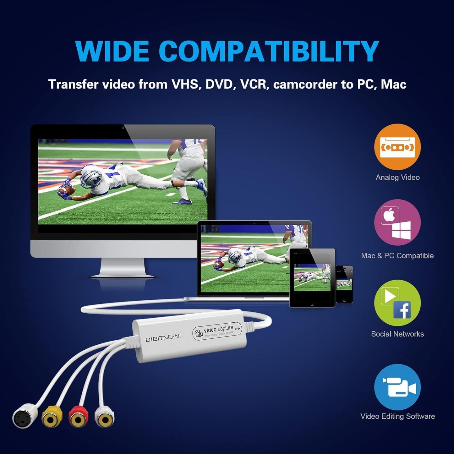 Video Capture, USB Video Capture Device, Convert VHS to Digital, VHS/VCR/Hi8/Mini DV to Digital/DVD Converter, for Tape Player Camcorder Camera PC TV OBS, for Mac OS, Android, Windows