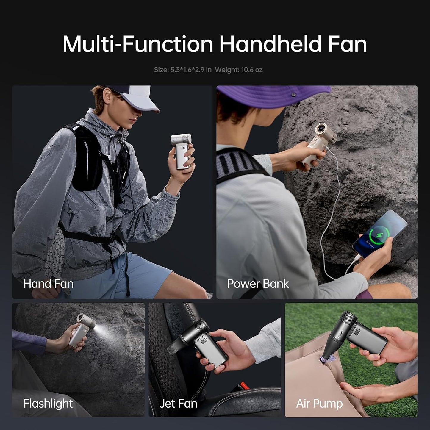 JISULIFE Portable Handheld Fan Ultra2 9000mAh Max 25 Hrs, 3 IN 1, 100 Speed | Rechargeable Turbo Fan 18W Power Bank with Flashlight, Metal Shell Multi-Function Travel Essentials Gift for Women Men-Grey