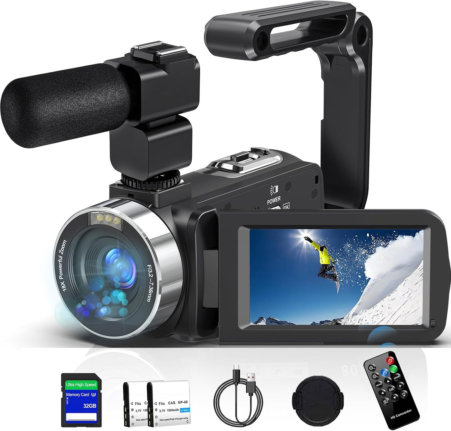 4K Video Camera Ultra HD 80MP Camcorder for YouTube Vlogging Webcam | 18X Digital Zoom, 3.0" 270° Rotatable IPS Screen, IR Night Vision, Video Recorder With 32GB SD Card, Lens Cap & 2 Batteries