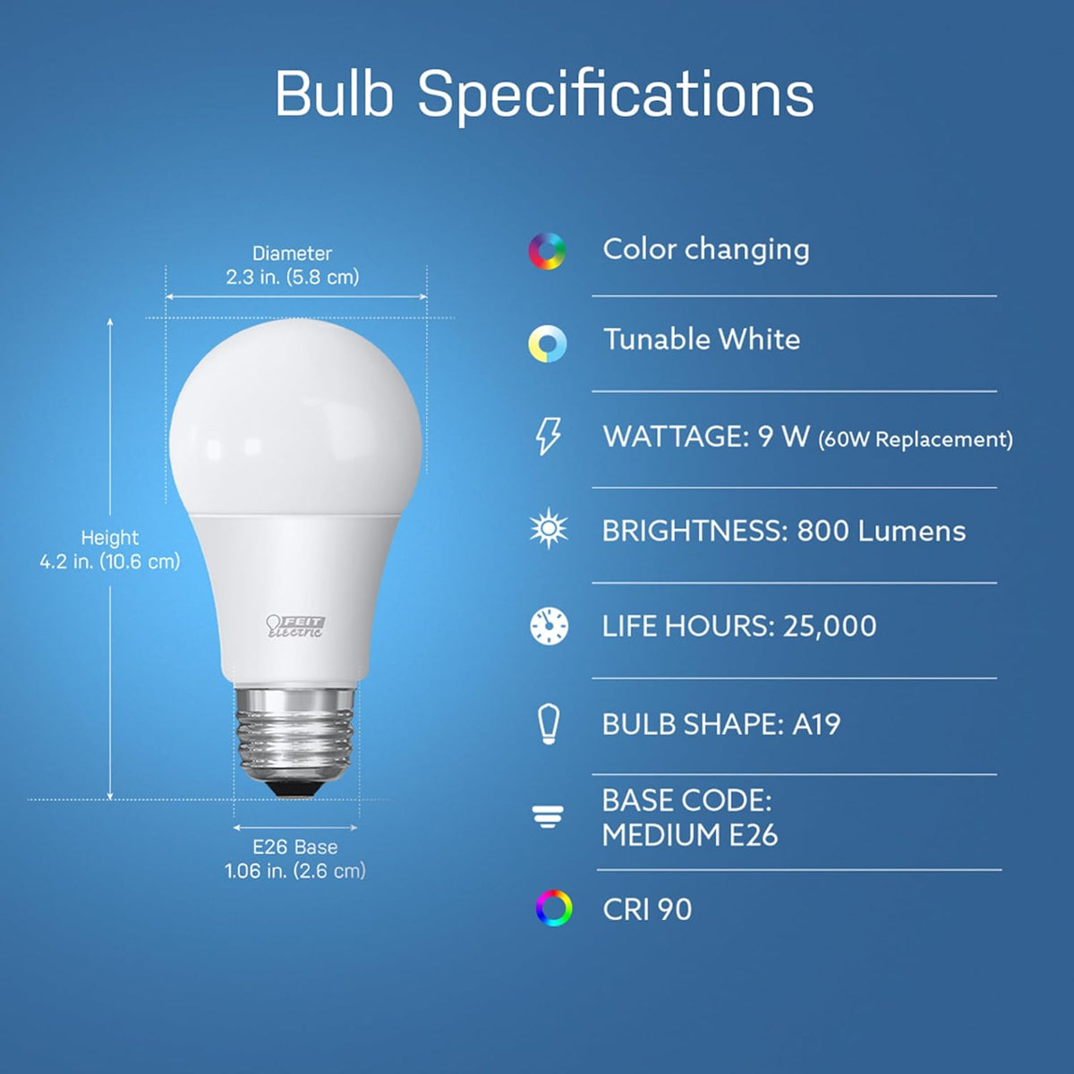 Feit Electric Smart Light Bulbs, A19 RGBW Color Changing - 60W Eq - 3 Pack