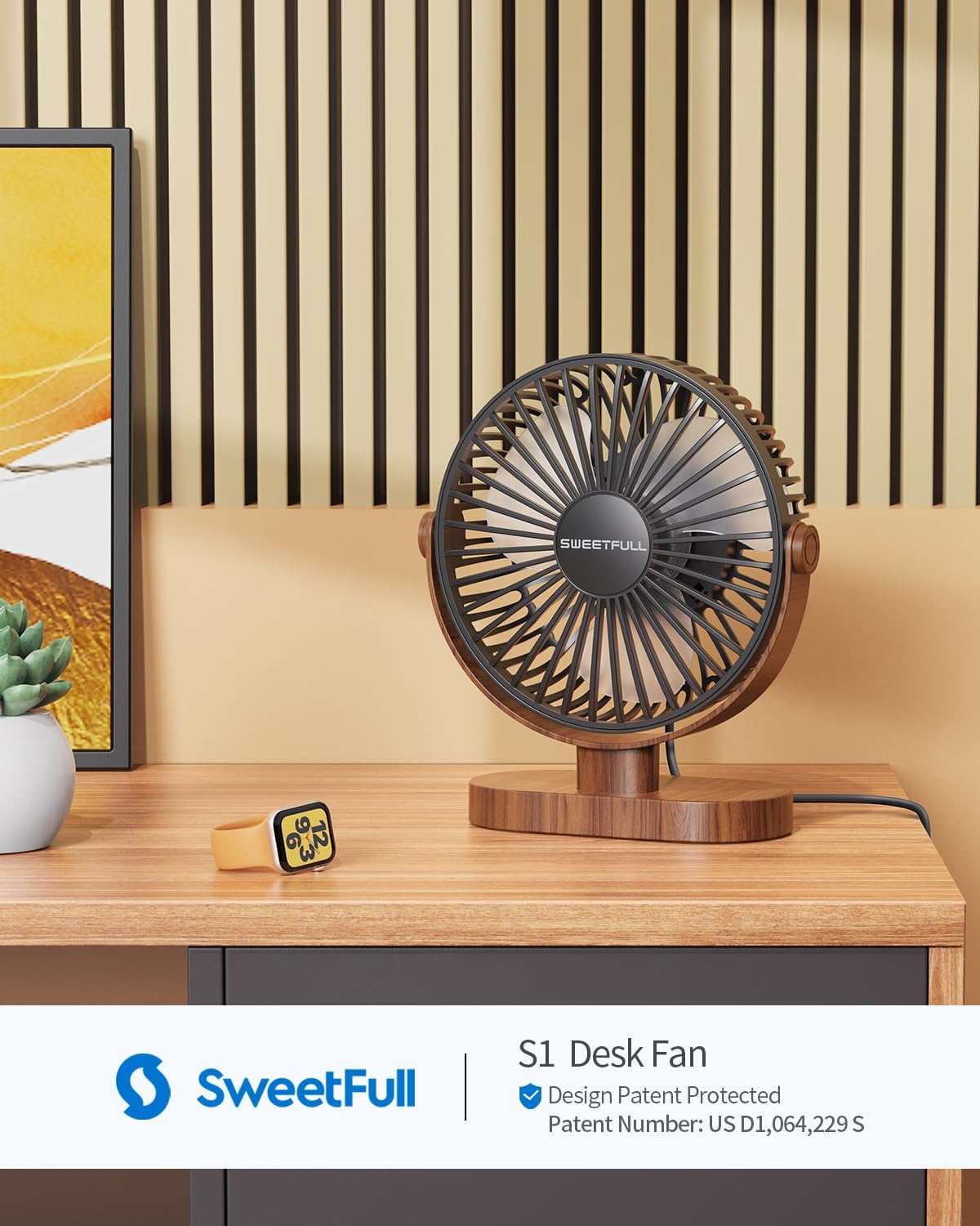 SWEETFULL Small USB Desk Fan, Desktop Table Fan, Quiet Office Mini - Black | 6.5" Personal Fan; 3 Speeds; 360° Adjustable; 25dB; 10oz; USB Powered; Stable Base; Easy Cleaning-Home & Cooling; Retro Decor