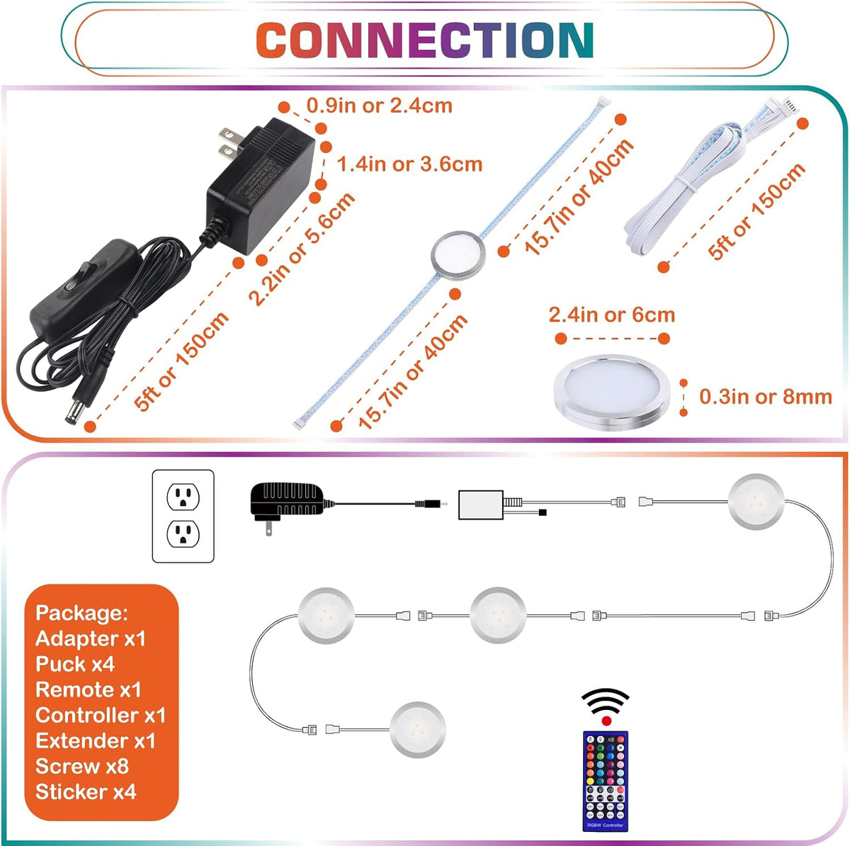 RGBWW Under Cabinet LED Puck Lights Kit Dimmable, 120VAC Plug-in, 4 Lights
