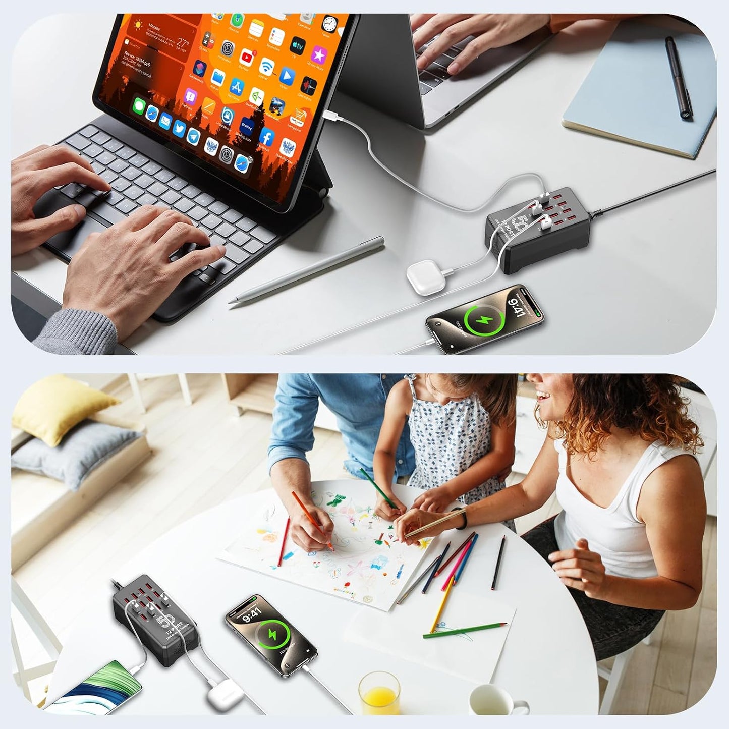 50W 12-Port USB Charging Station for Multiple Devices,Portable USB Charging Hub Compatible with iPhone, Android,Tablet and More-Compact Charger Block for Home, Office & Entrepreneur
