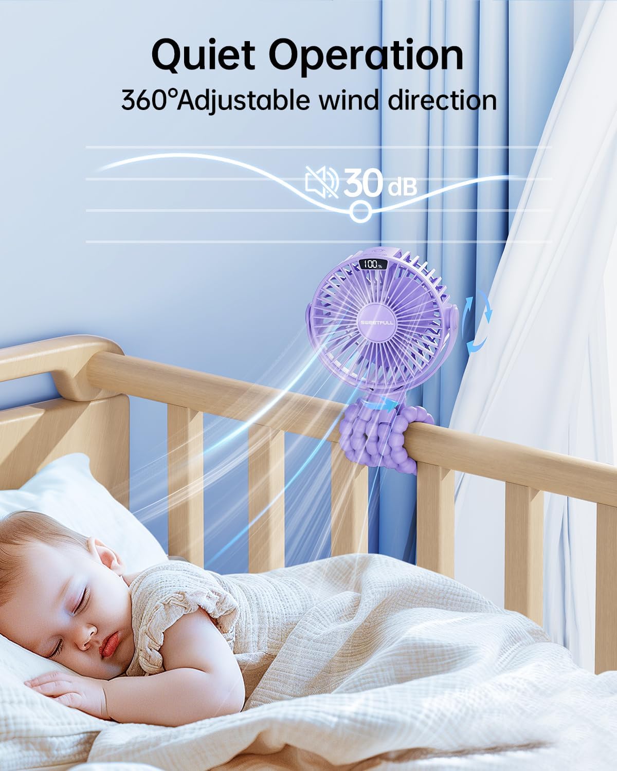 SWEETFULL Portable Stroller Fan with LED Display, 4 Speed Rechargeable Mini Clip On Fan, Built-in Non-Removable Rechargeable Battery,Sealed housing