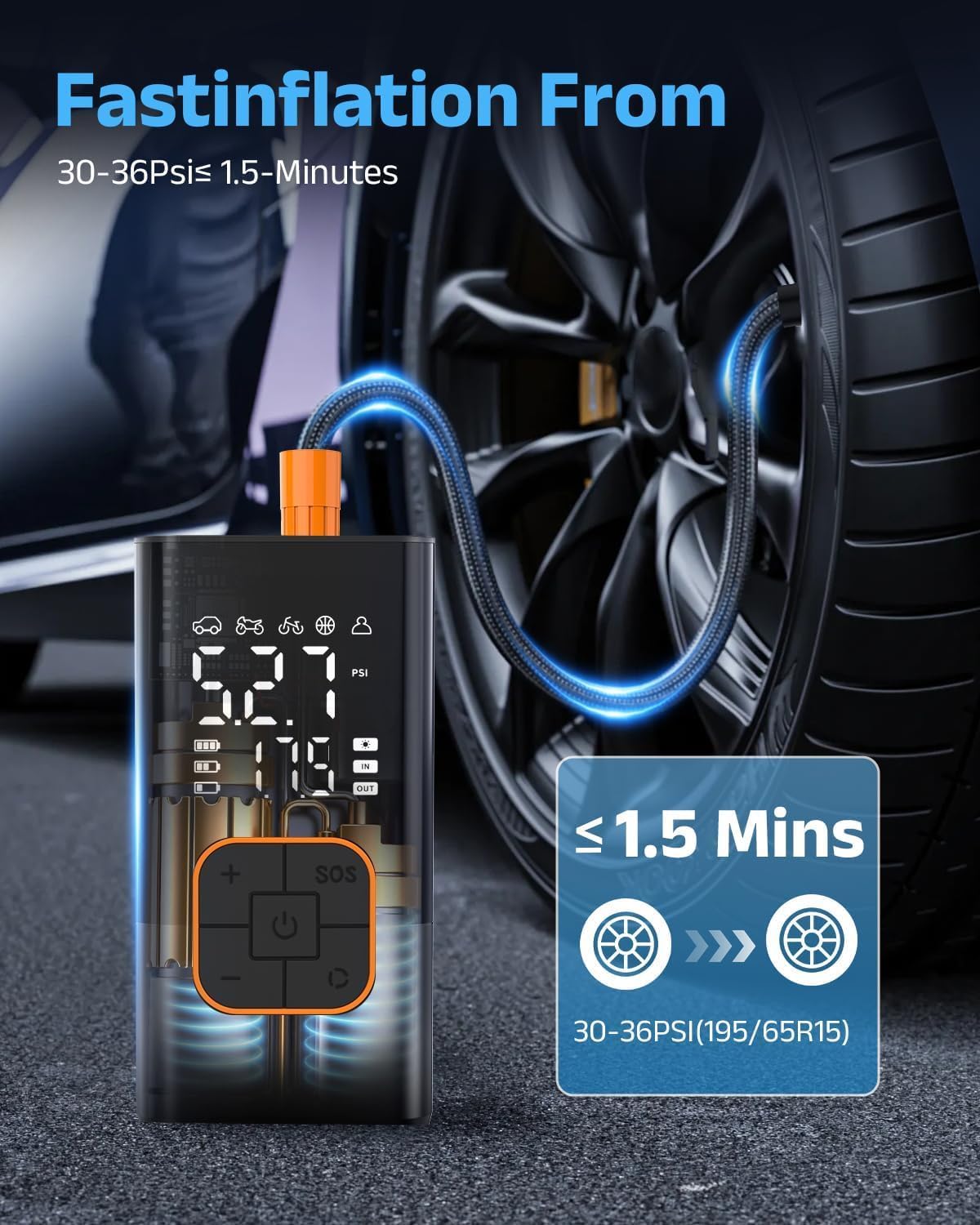 Tire Inflator Portable Air Compressor, Cordless Car&Bike Tyre Pump | With Digital Dual Values Display, 150 PSI Bike Tires Air Pump with LED Lights&Pressure Gauge for Auto/Bicycle/Motocycle/Balls