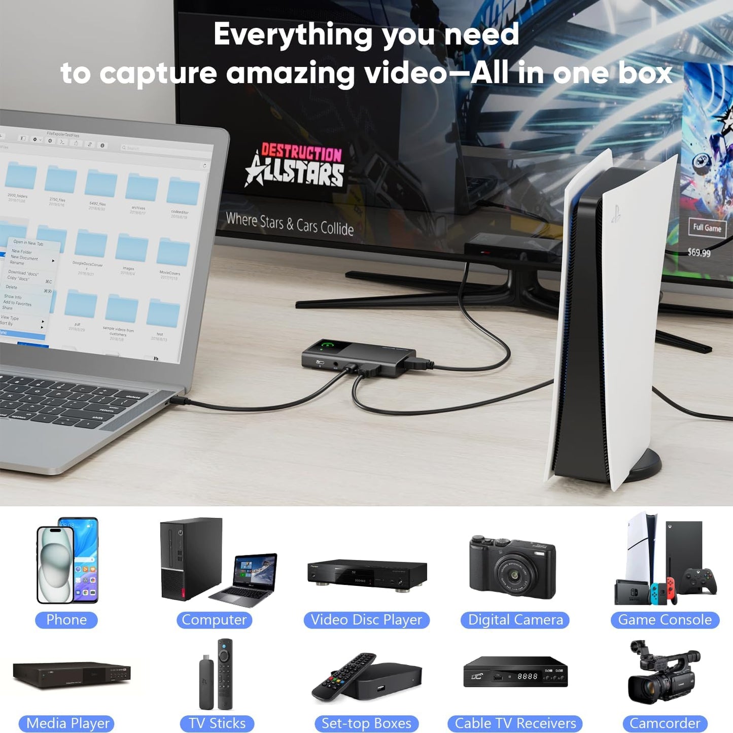 4K60 HDMI Capture Card – Records 1080p 60FPS, Portable Standalone Video Recorder, HDMI or DisplayPort Over USB-C,AUX Earphone Monitoring,Compatible with Phone,Media Player,Computer,TV Sticks