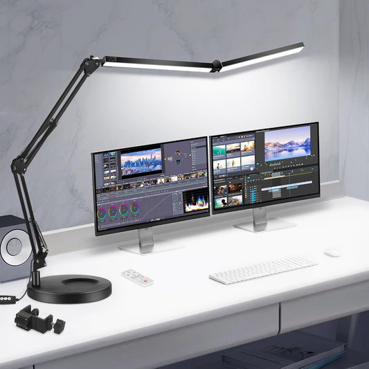Toolour LED Desk Lamps for Home Office 2 in 1 Double Head Desk Lamp with Clamp Base,Remote Control,Dimmable Architect Clip on Desktop Computer Light Bar with Memory for Workbench Darkroom