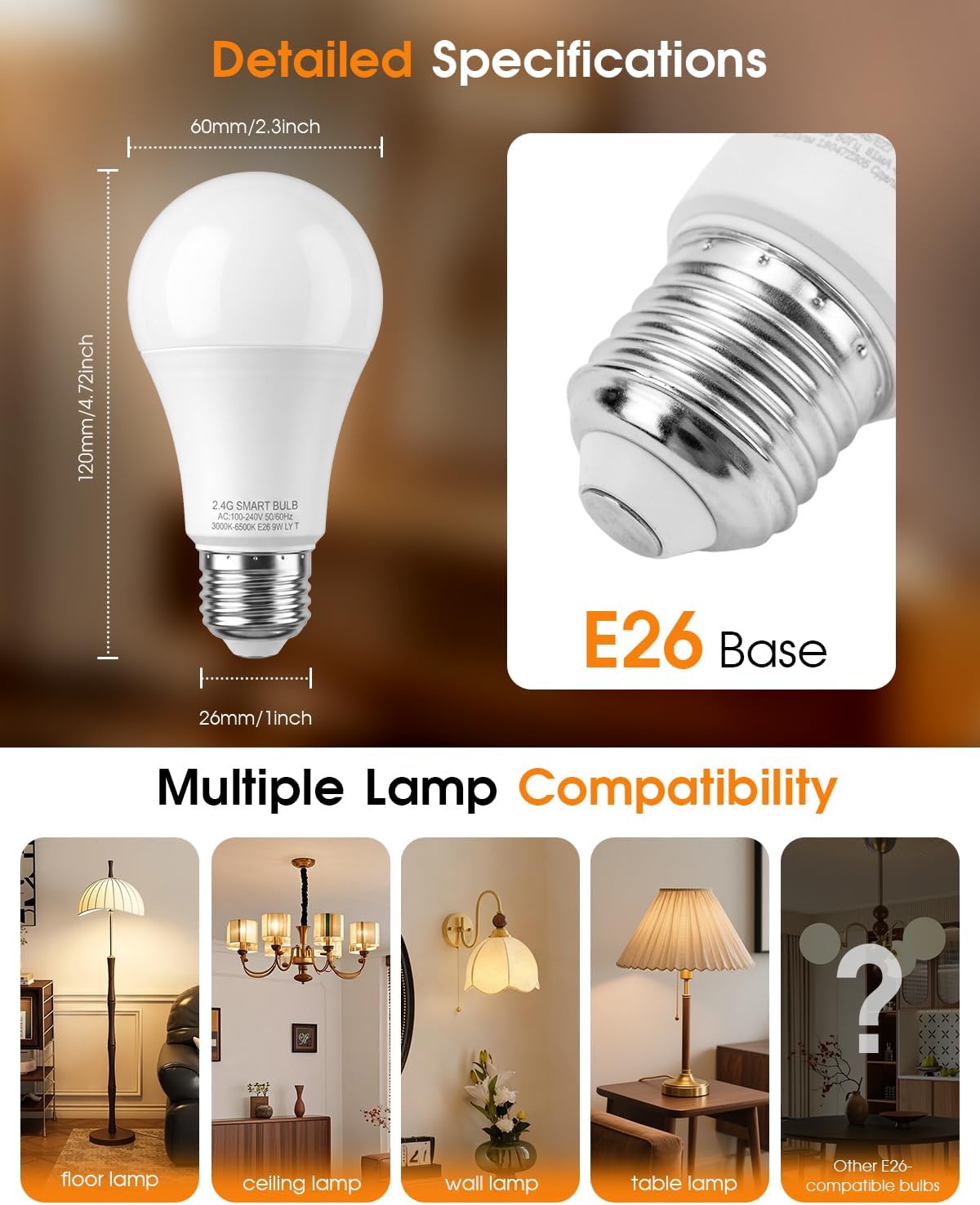 A19 Smart LED Light Bulb with App Control & Remote, Bluetooth, 3 Color Temperatures (3000K/4500K/6500K), 5%-100% Dimmable, 800LM 9W (60W Equivalent), E26 Base, No Hub Required
