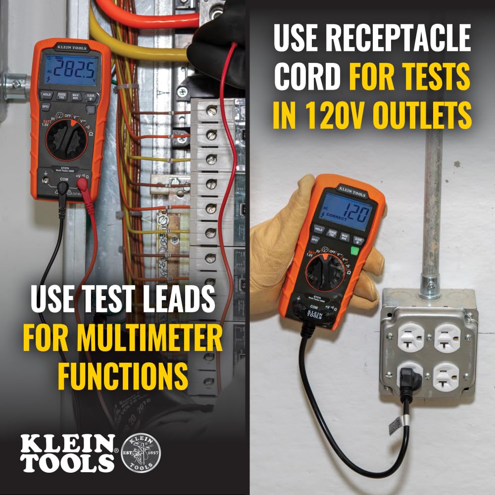 Klein Tools ET270 Auto-Ranging Digital Multi-Tester, AC/DC, Resistance, Continuity, GFCI Receptacle Tester with Test Leads and Receptacle Cord