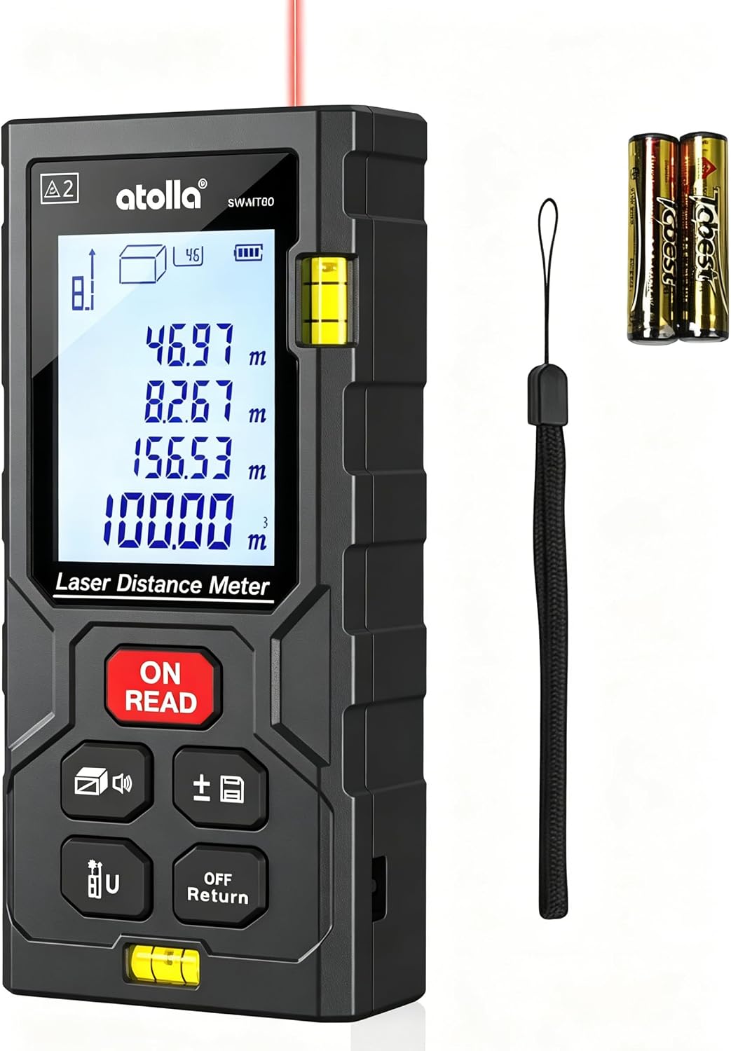 atolla Laser Tape Measure, Laser Distance Meter with Bubble Level | 4 Measurement Modes, 99 Measurement Memory, Backlit LCD, M/in/ft Unit Switching, Waterproof IP54, One Button Operation