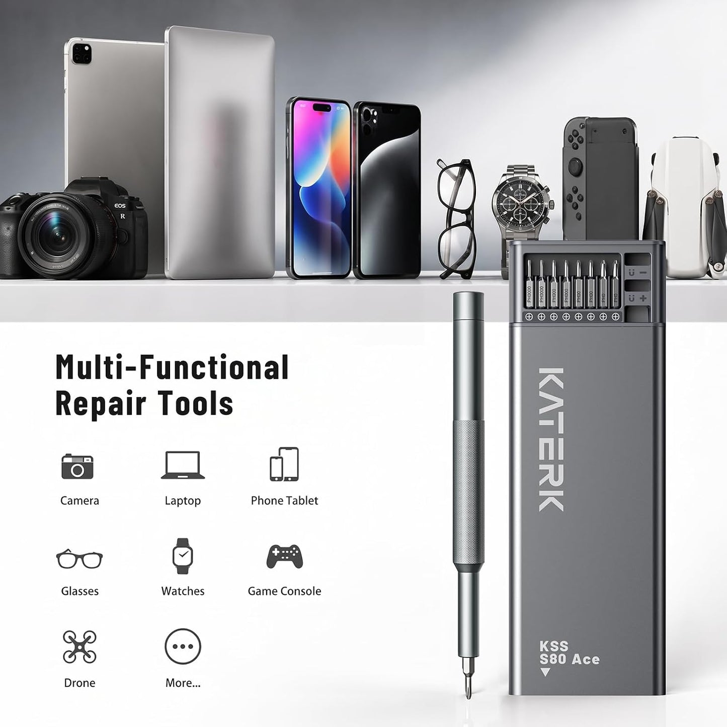 KATERK 80-in-1 Small Screwdriver Set Precision Mini Magnetic Repairs Tool | 78 Magnetic Bits, Resist Wear, Don't Strip Easily, Compact Organized Size, Repair Kit for Glasses, Laptop, iPhone, Watch