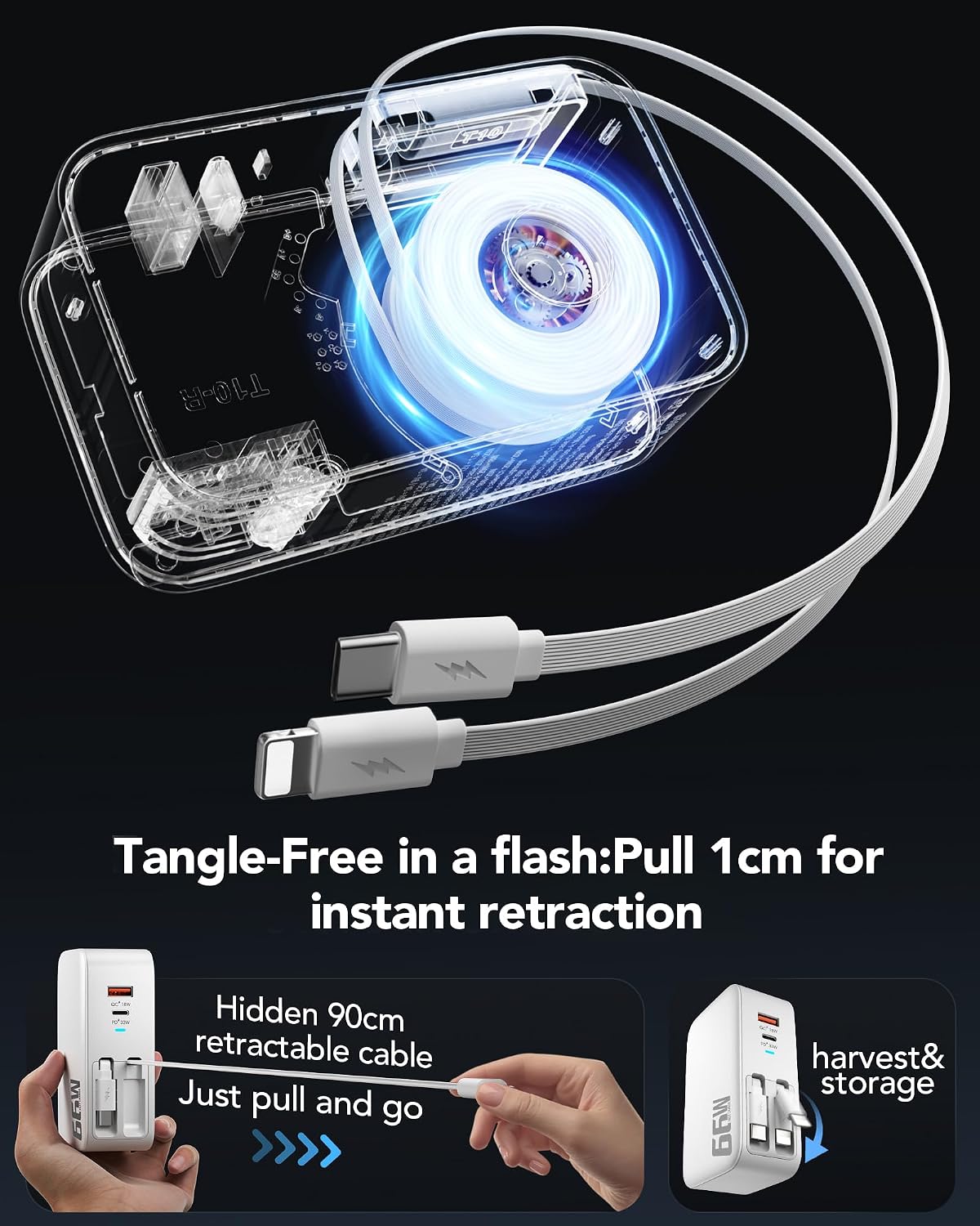 66W Retractable Wall Charger,4-in-1 Plug with USB-C&Lightening Fast Charger | 4-in-1 Plug with Type C&Lightening Cord Fast Charger for iPhone 17,Fast Charging Block for Mac Book,iPad,Galaxy,Pixel