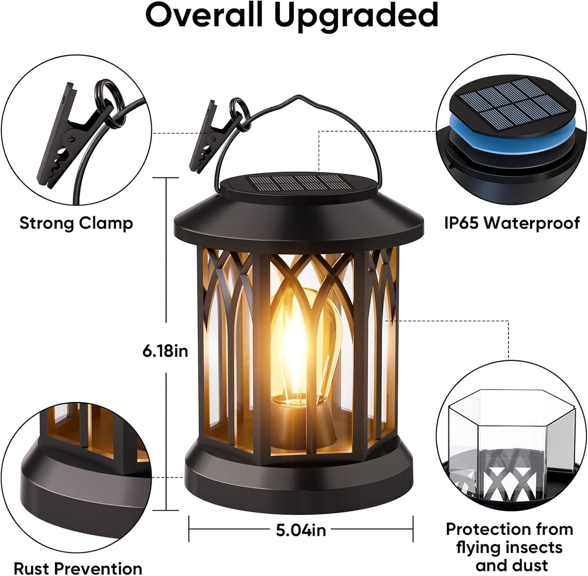 Hanging Solar Lanterns Outdoor Waterproof: 2 Pack Garden Lantern Decorative | Warm Ambient Light, Clip‑on Hanging Design, 12h All‑night Glow, Ip65 Waterproof, Auto On/Off, 800mah Battery, No Wiring