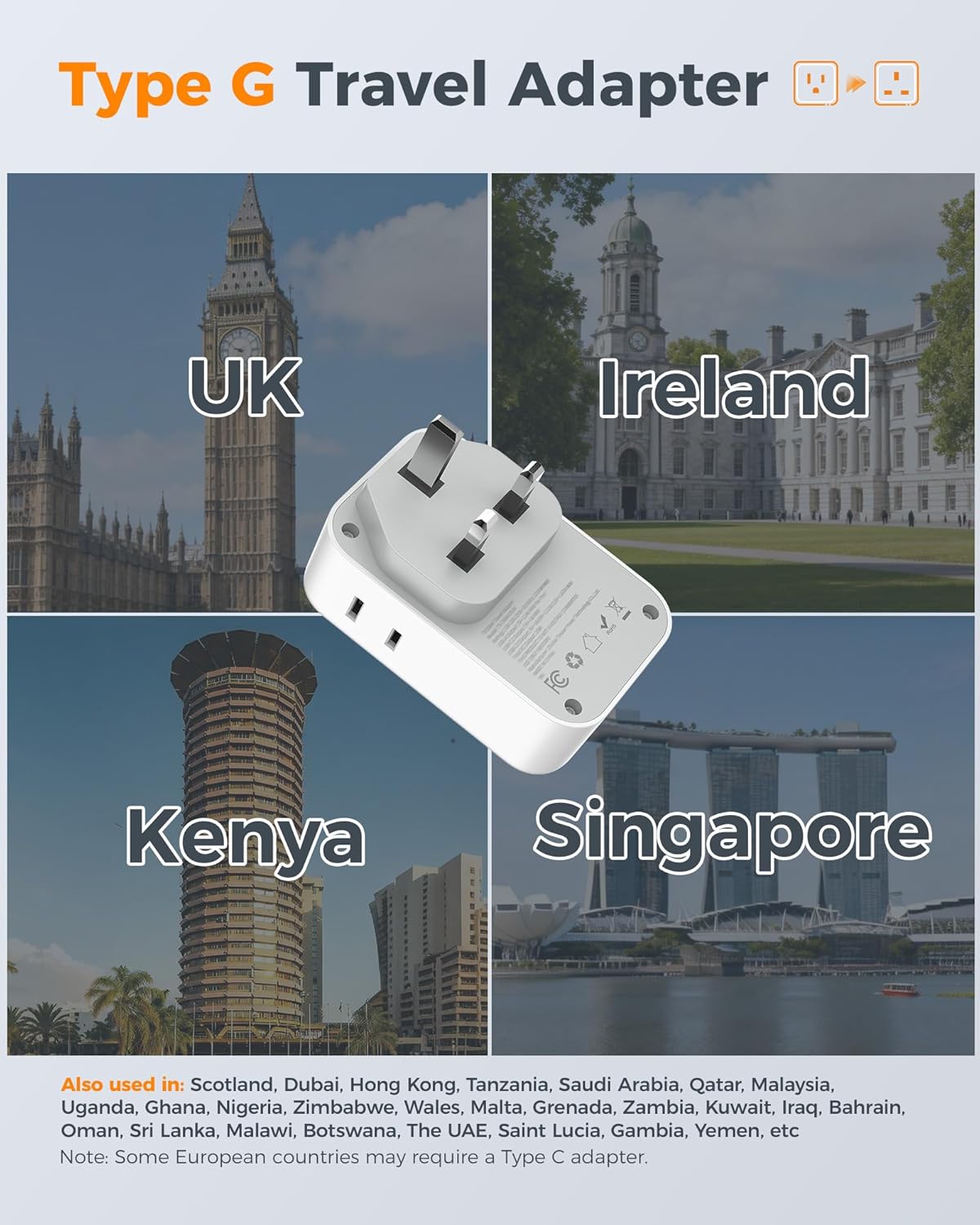 TESSAN Type G Adapter for Travel 2 Pack, PD 20W US to UK Plug Adapter | 4 AC Outlets, 4 USB Ports (2 USB C), Ireland Power Adaptor, USA to England London British Scotland Dubai Hong Kong Kenya