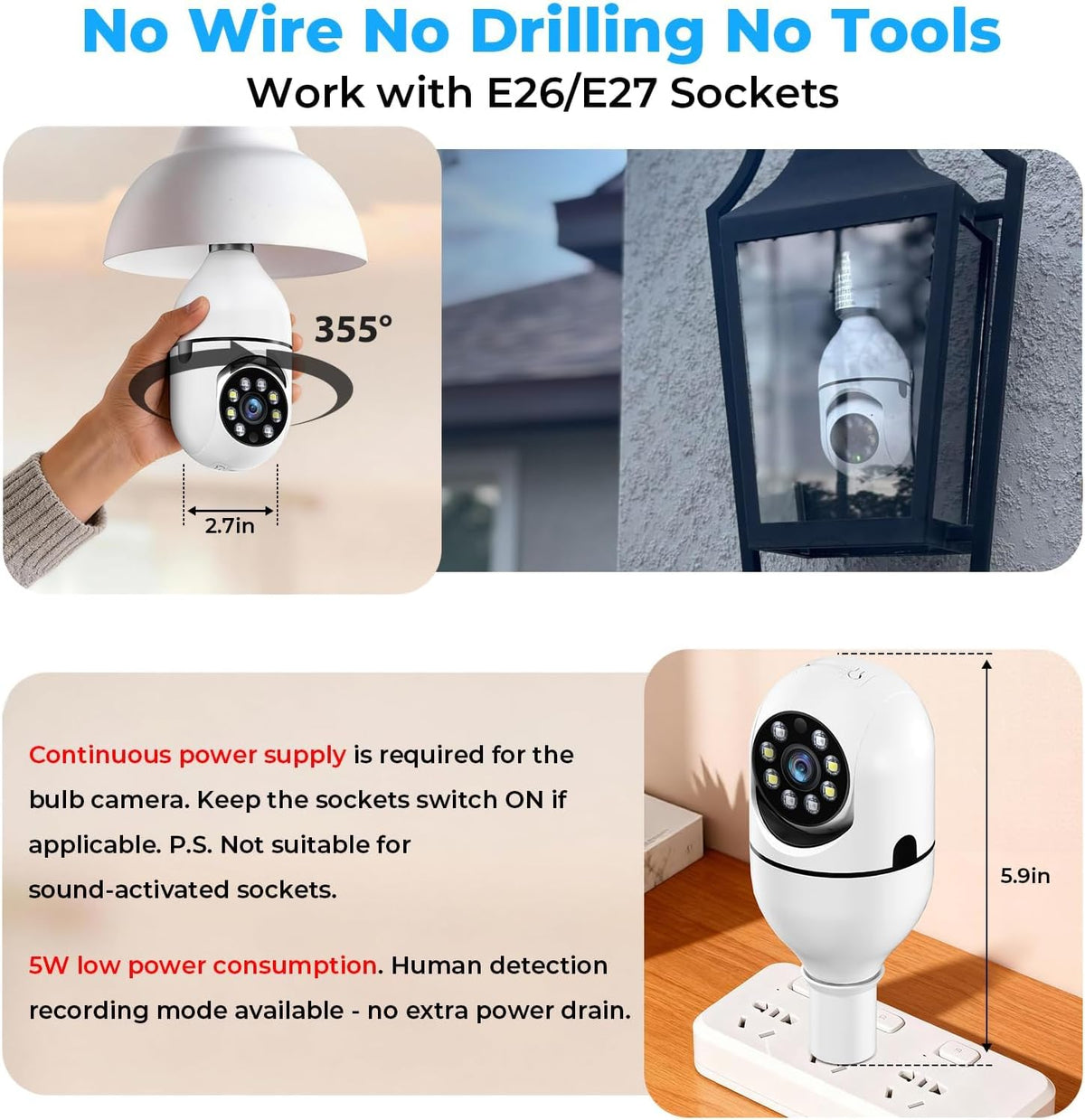 Light Bulb Security Camera Outdoor, 2K 5GHz & 2.4GHz WiFi Bulb Cameras for Home Security, 360° PTZ Wireless Cam with AI Human Detection, Color Night Vision, 2-Way Talk, Screw-in Light Socket
