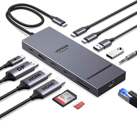UGREEN USB C Docking Station Triple Monitor 4K, 12-in-1 Dock with 2xHDMI+DP | 2x10Gbps USB-C, 2xUSB-A, 100W PD, SD/TF 3.0, 1G Ethernet, 3.5mm Audio, Revodok Pro 3121 USB-C Hub Adapter, macOS Mirrors Only