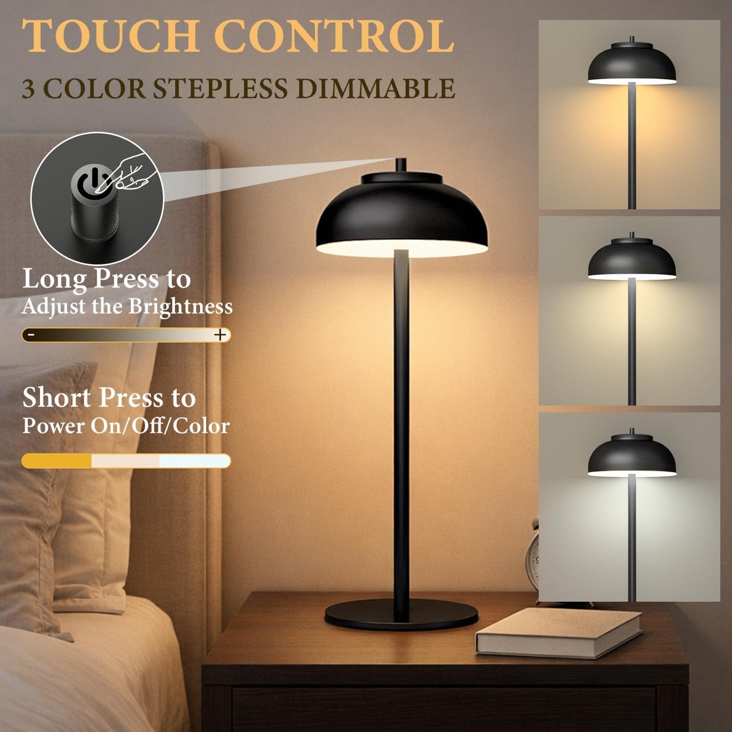Cordless Table Lamps, Rechargeable LED Touch Lamp, Black, 2 Pack | Waterproof, 5000mAh battery, 3 color temperatures, 10-100% touch dimming, for patio, table top, dinner, restaurant, home bar