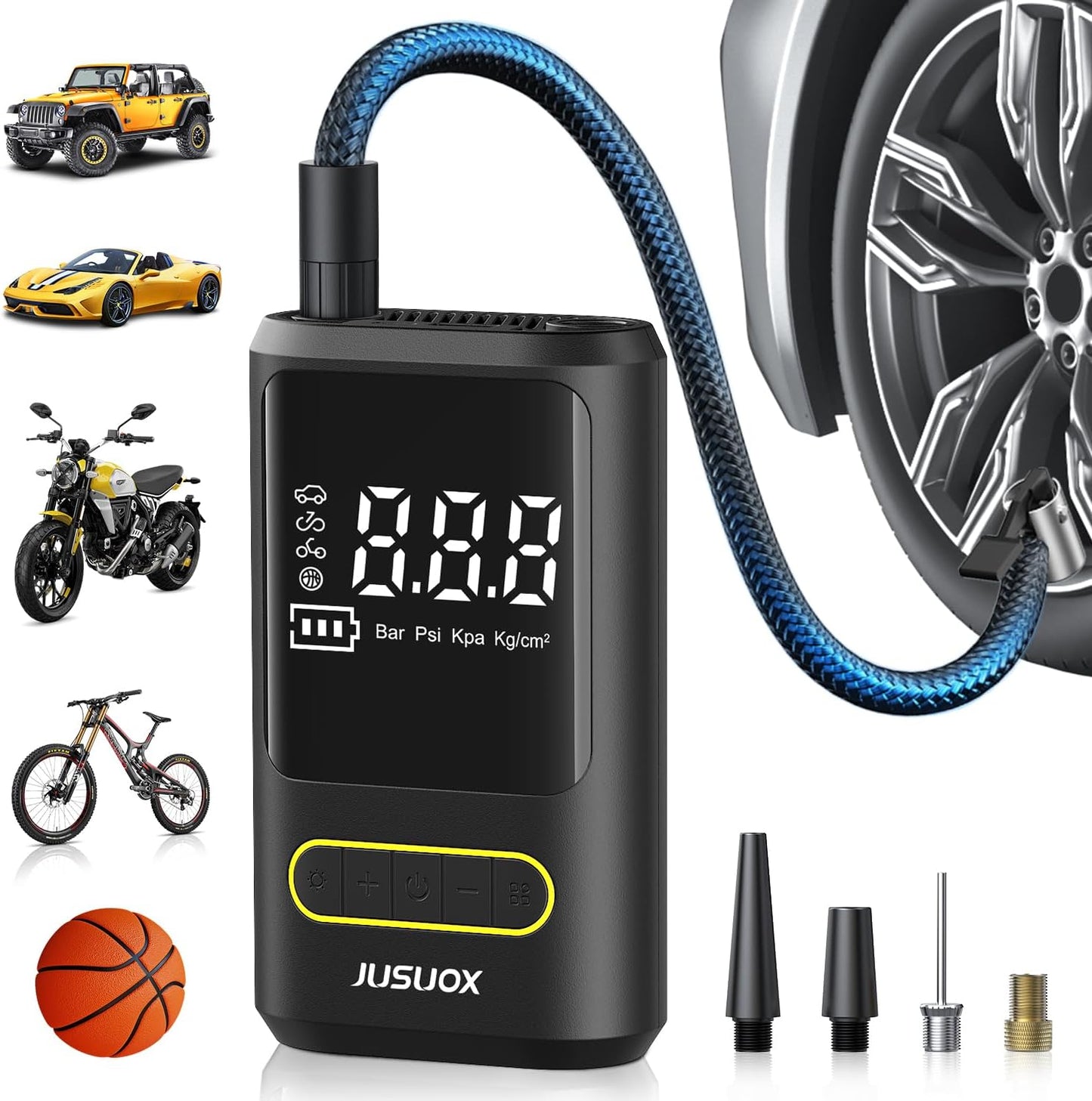 JUSUOX Tire Inflator Portable Air Compressor, 150PSI Cordless, Auto Off | Electric Bike Pump for Cars, Motorcycles & Balls, Features a Digital Pressure Gauge and LED Light for Emergencies