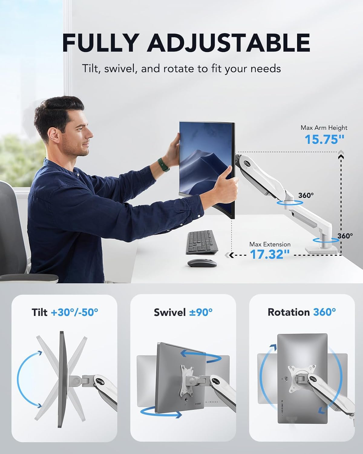 HUANUO Single Monitor Mount, 13 to 32 Inch Gas Spring Monitor Arm, Adjustable Stand, Vesa Mount with Clamp and Grommet Base - Fits 4.4 to 19.8lbs LCD Computer Monitors