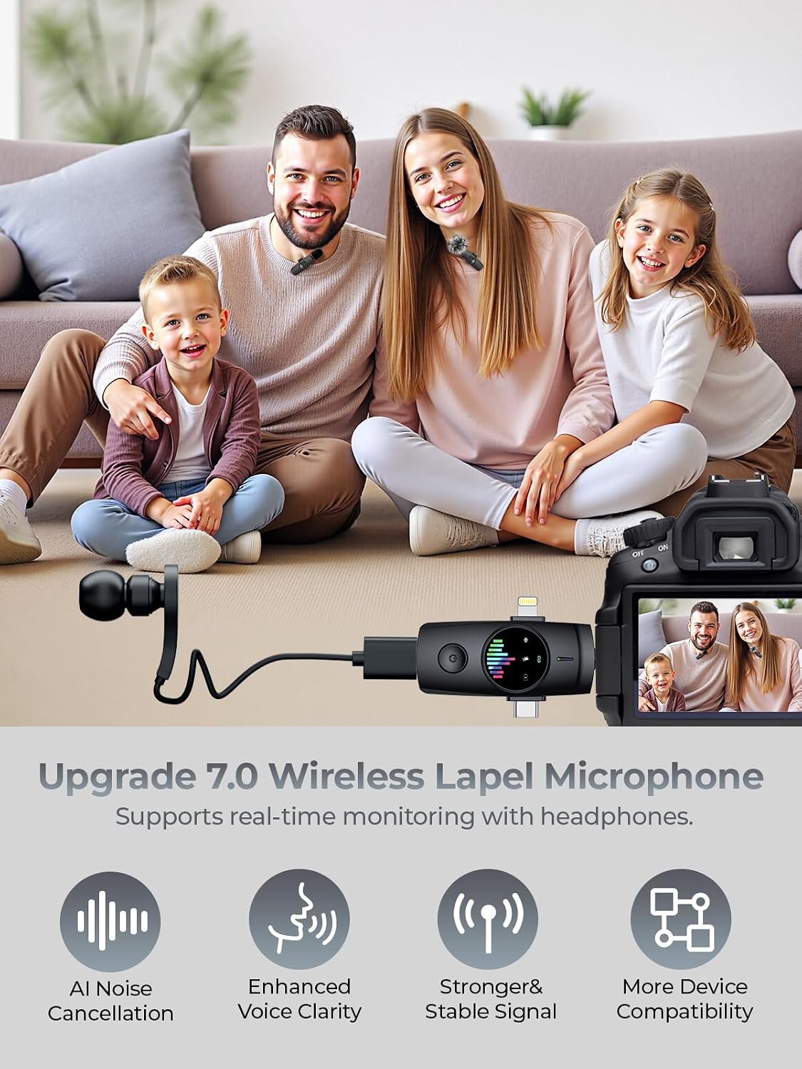 3-in-1 Wireless Lavalier Microphone: Mini Microphone 20H Battery, 80ft Range, DSP Noise Cancel - Plug & Play for iPhone Android, Live Streaming, Content Creators Programmes