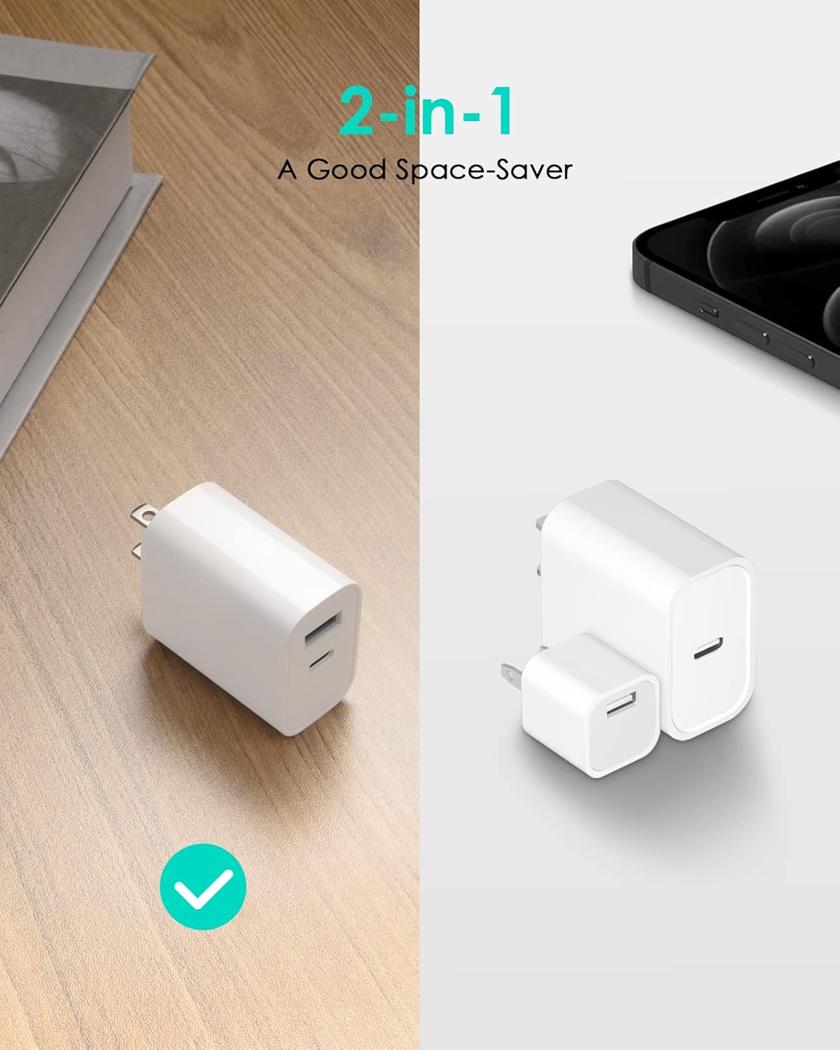 [4 Pack] 20W USB C Charger Block Fast Charging Multiport Adapter | PD 20W USB-C & QC 3.0 USB-A dual ports, compact travel charger for iPhone 17/16/15/14/13/12/11/X, iPad, Galaxy, Google & more