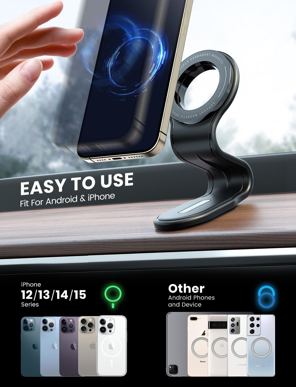 MagSafe Car Mount Detachable, Bendable Magnetic Phone Holder for Car | 8.5” Aluminum Arm, 20 Strong Magnets, 3M hook-and-loop, Dash, Fit iPhone 17 16 15 14 Pro Max Mini Mag Safe Accessories