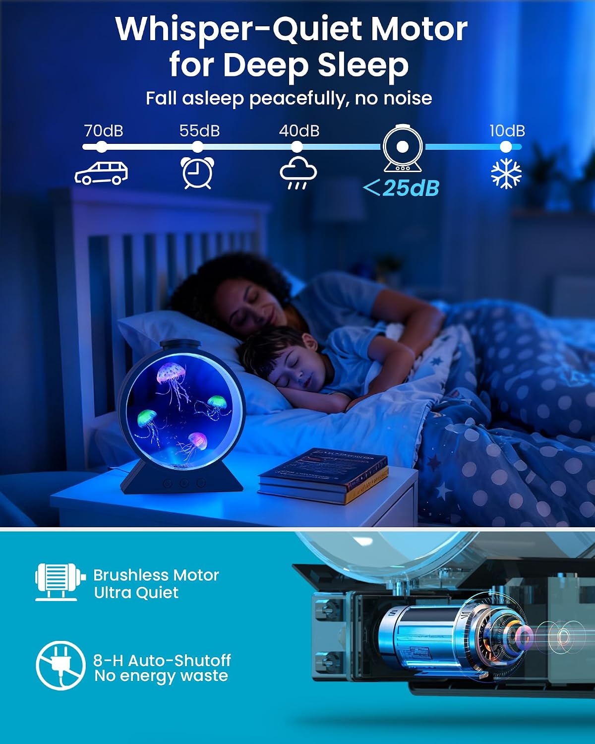 Jellyfish Lamp for Sleep Anxiety Calming Night Light for Bedroom(Black) | Whisper-Quiet Sensory | 7 Soft Color Modes | Adjustable Water Flow | 8H Auto-Off Timer | Rounded Tank Lamp Gift for All Ages