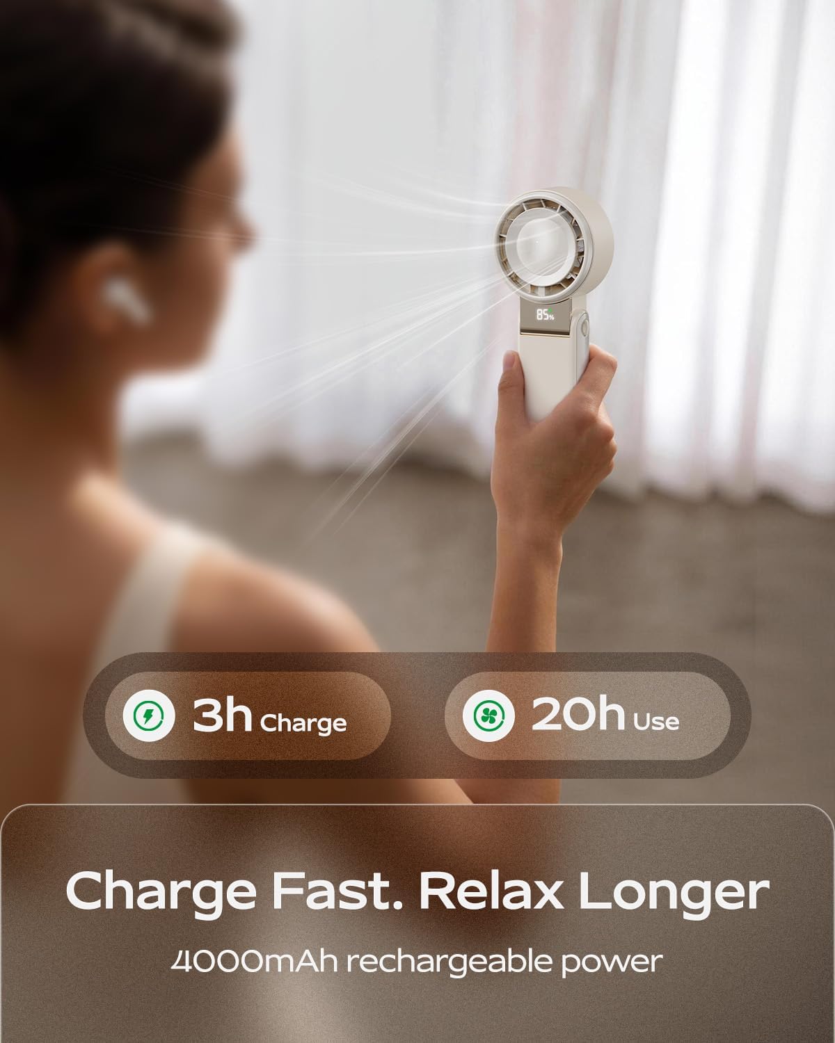 SHEWIND Portable Handheld Mini Fan -5 Speeds, 20H Max, LED Display - Cream | Foldable Mini Fan; Neck & Desktop Use; 4000mAh Rechargeable Battery; Travel Turbo Fan
