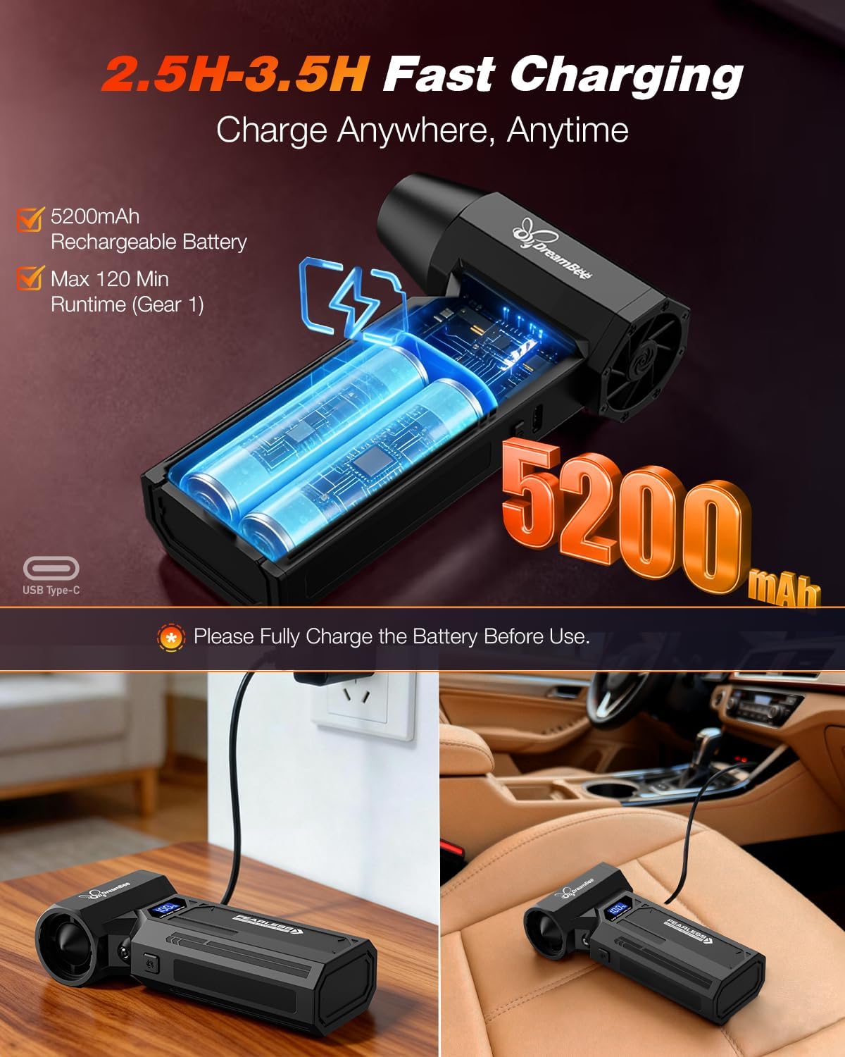 DreamBee Compressed Air Duster, 150000RPM Super Power Electric Air Duster with LED Display, 4-Gear Rechargeable Air Blower with LED Light, Cordless Turbo Fan for Computer, Keyboard, Car, Home, Outdoor
