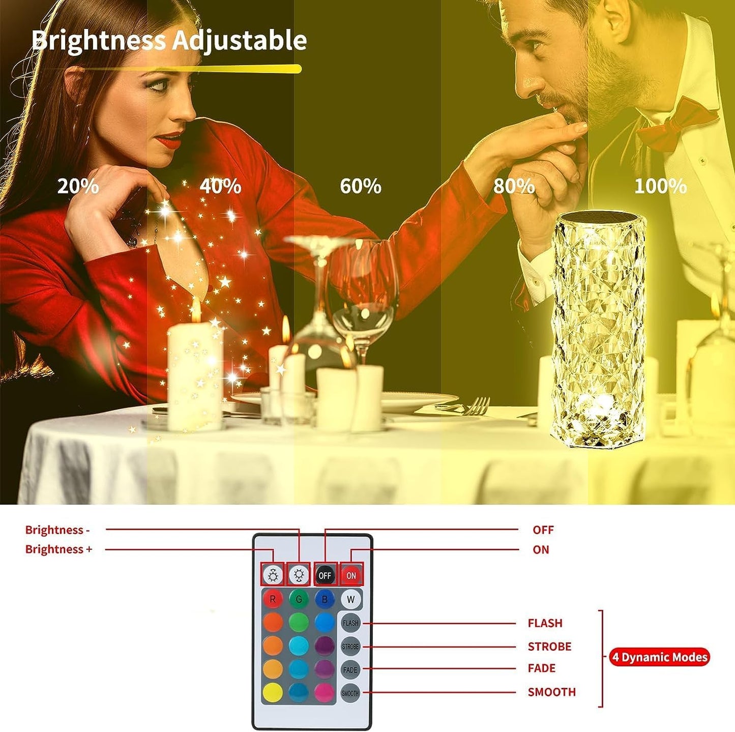 2 Pack Crystal Table Lamp, Remote and Touch Control Rose Wave Lamp, RGB Color Changing Night Light, Dimmable, USB Rechargeable Decoration Ambient Lighting for Dinner/Bars/Game Room/Living Room/Bedroom