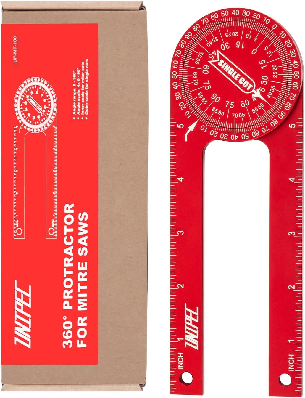 7.3 Inch Aluminum Miter Saw Protractor & Angle Finder Tool, Red | Laser-Engraved Scale, Miter Protractor, For Woodworking, Trim & Crown Molding, Baseboard & Carpentry