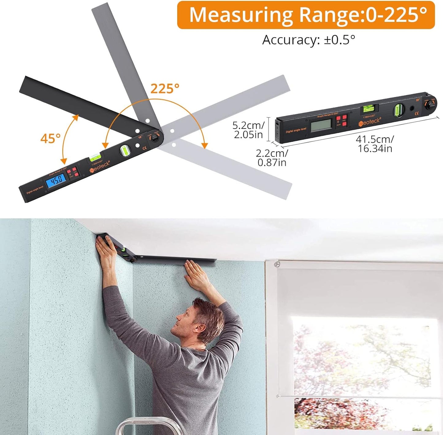 Neoteck 16 inch Digital Angle Finder 225°Aluminum Protractor LCD Backlight | Digital Angle Measuring Tool with Bubble Level Data Hold & Locking Knob Auto-Off for Woodworking Construction Machinery-Black