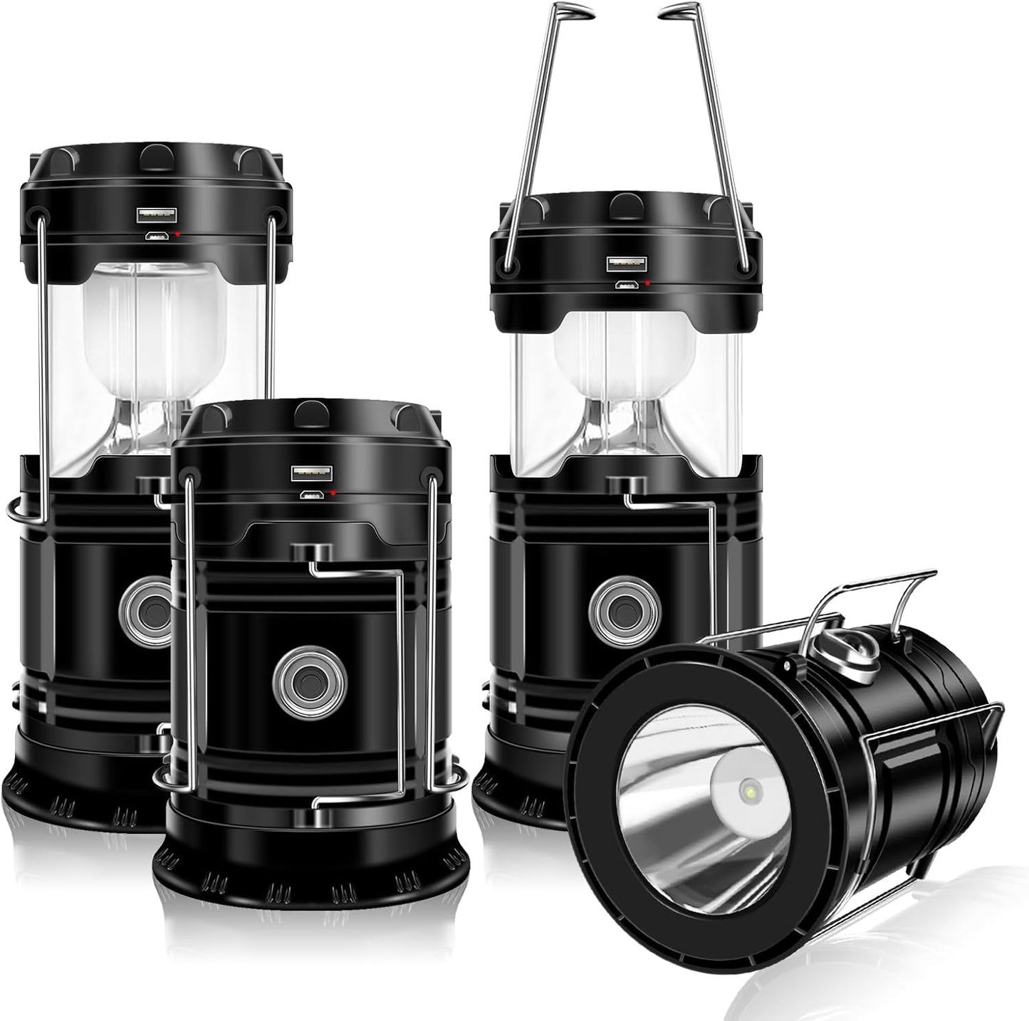 DIBMS 4-Pack Solar Camping Lantern, Collapsible Flashlight Emergency Lights | LED Solar USB Rechargeable Lamp Folding Tent Hanging Lights Survival Kits for Hurricanes Power Outages Indoor Outdoor (Black)