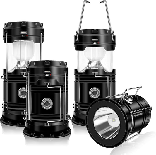 DIBMS 4-Pack Solar Camping Lantern, Collapsible Flashlight Emergency Lights | LED Solar USB Rechargeable Lamp Folding Tent Hanging Lights Survival Kits for Hurricanes Power Outages Indoor Outdoor (Black)