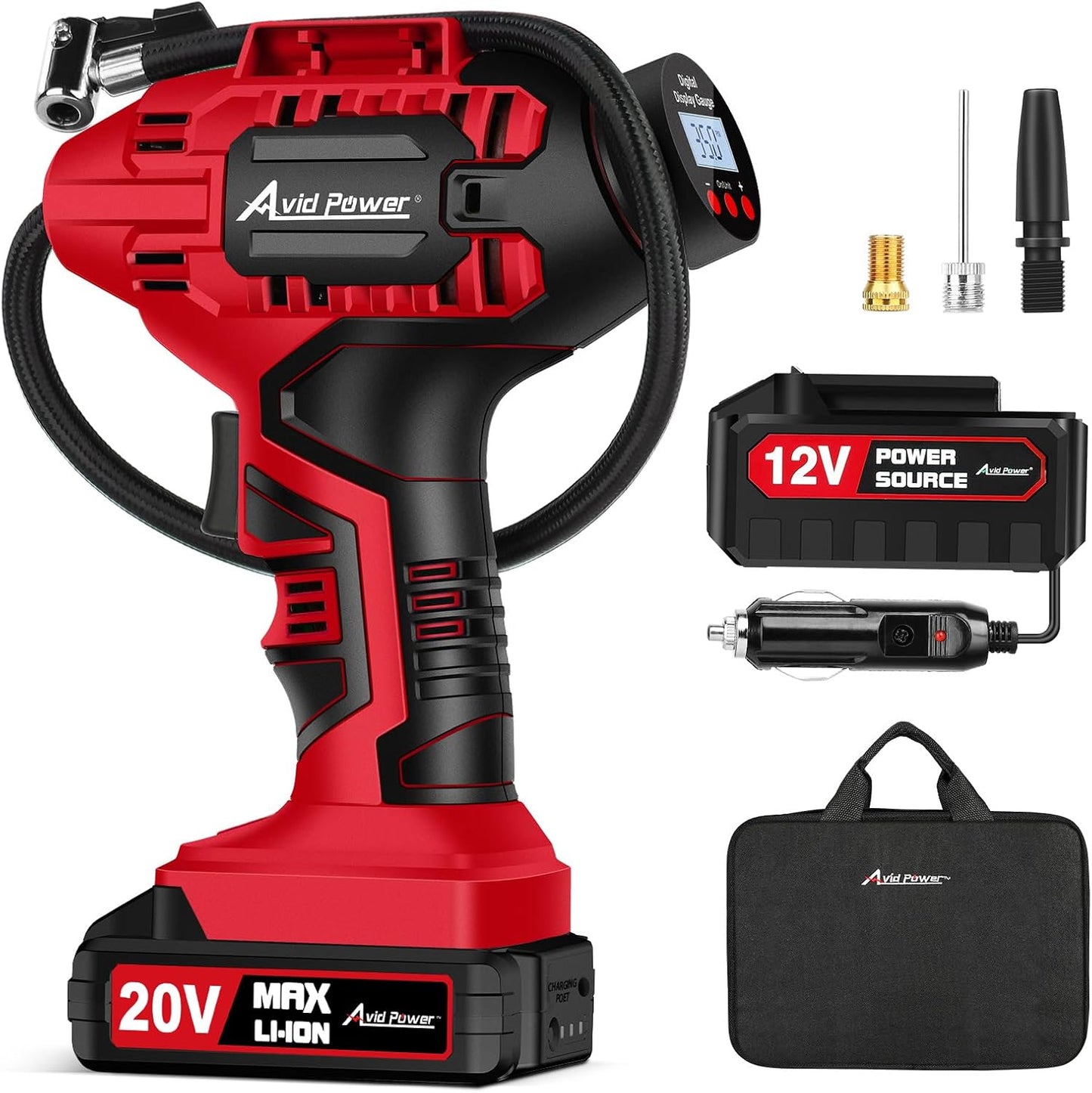 AVID POWER Cordless Tire Inflator Portable Air Compressor 20V Battery Pump | Auto Shut-Off, Rechargeable Battery & 12V DC Adapter, Digital Pressure Gauge, Fast Inflation for Car, Motorcycle, Bike, Ball
