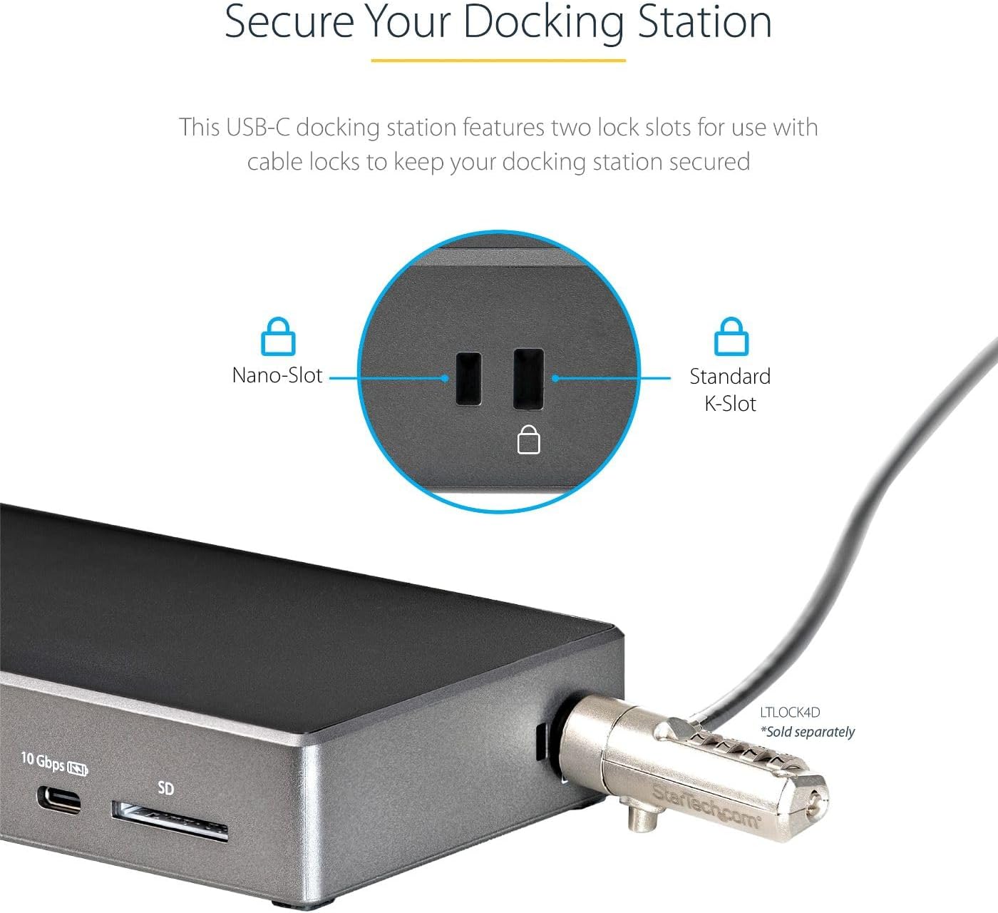 StarTech USB-C Triple 4K Dock with 100W PD, DP 1.4 DSC, 6-Port 10Gbps, GbE | Windows, Chrome, 2x DisplayPort 1.4, HDMI 2.0, SD 3.0 reader, 2x security K-Slots, Audio, Headset port