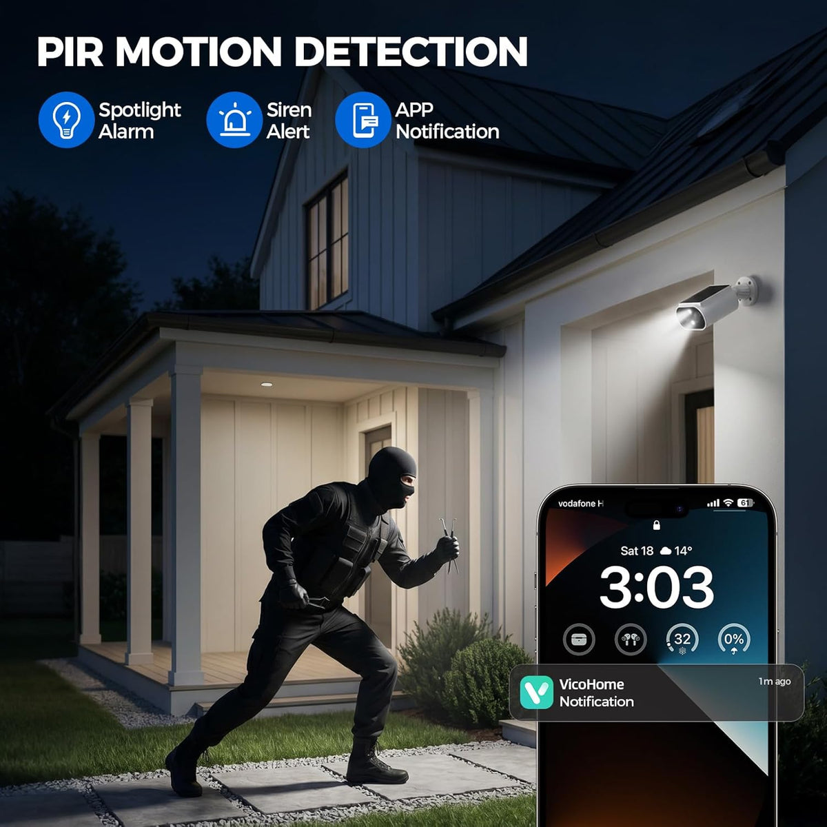 AlkiVision Solar Security Cameras Wireless Outdoor - 2K Night Color Vision Cameras for Home Security, AI Motion Detection, 360° View, Spotlight, 2-Way Audio, Siren, IP67 Waterproof, SD/Cloud Storage