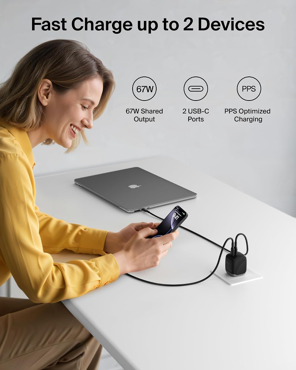 Belkin 67W Dual-Port GaN USB C Charger Block, Fast Charging | Dual-Port Wall Charger, iPhone 17, iPad Pro, Chromebook, Samsung Galaxy S25 Ultra, Pixel 10, Travel