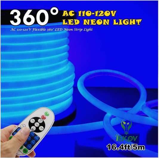 [Upgrade] 360° LED NEON Light, AC 110-120V Flexible 360 Degree LED Neon Strip Lights, Dimmable & Waterproof NEON LED Rope Light + Remote Controller for Decoration (16.4ft/5m, Blue)