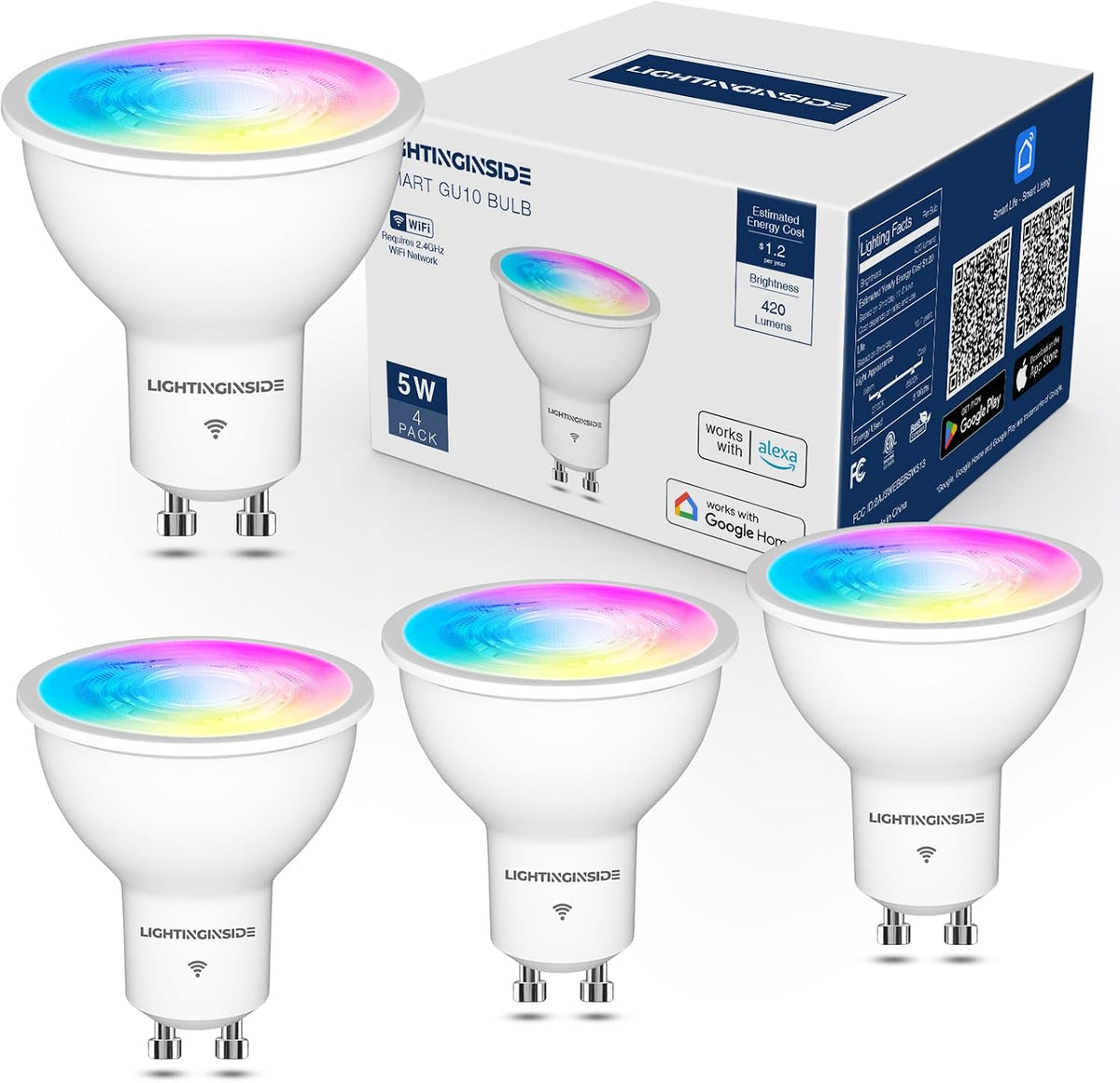 Lightinginside GU10 Smart Light Bulbs 50W, 38° Beam Angle RGBCW Color, 4PCS
