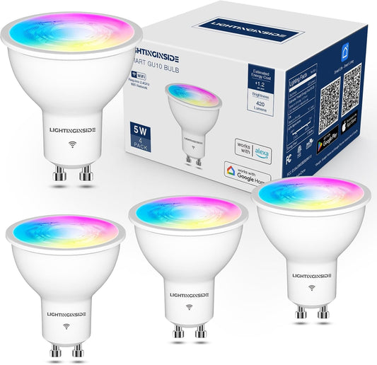 Lightinginside GU10 Smart Light Bulbs 50W, 38° Beam Angle RGBCW Color, 4PCS