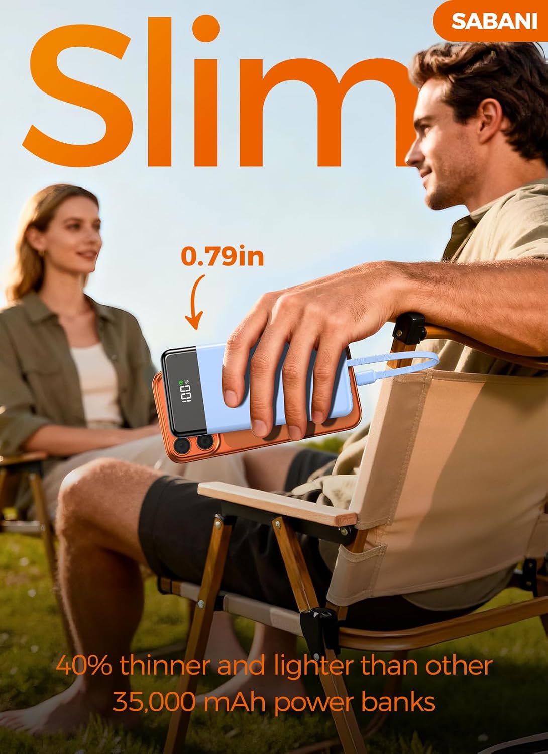 SABANI Portable Charger 35000mAh Power Bank, 4 Built in Cable Big Capacity | Ultra Slim, 22.5W Fast Charge, Travel Camping Essential, USB C External Battery Pack for iPhone Samsung Android, Azure