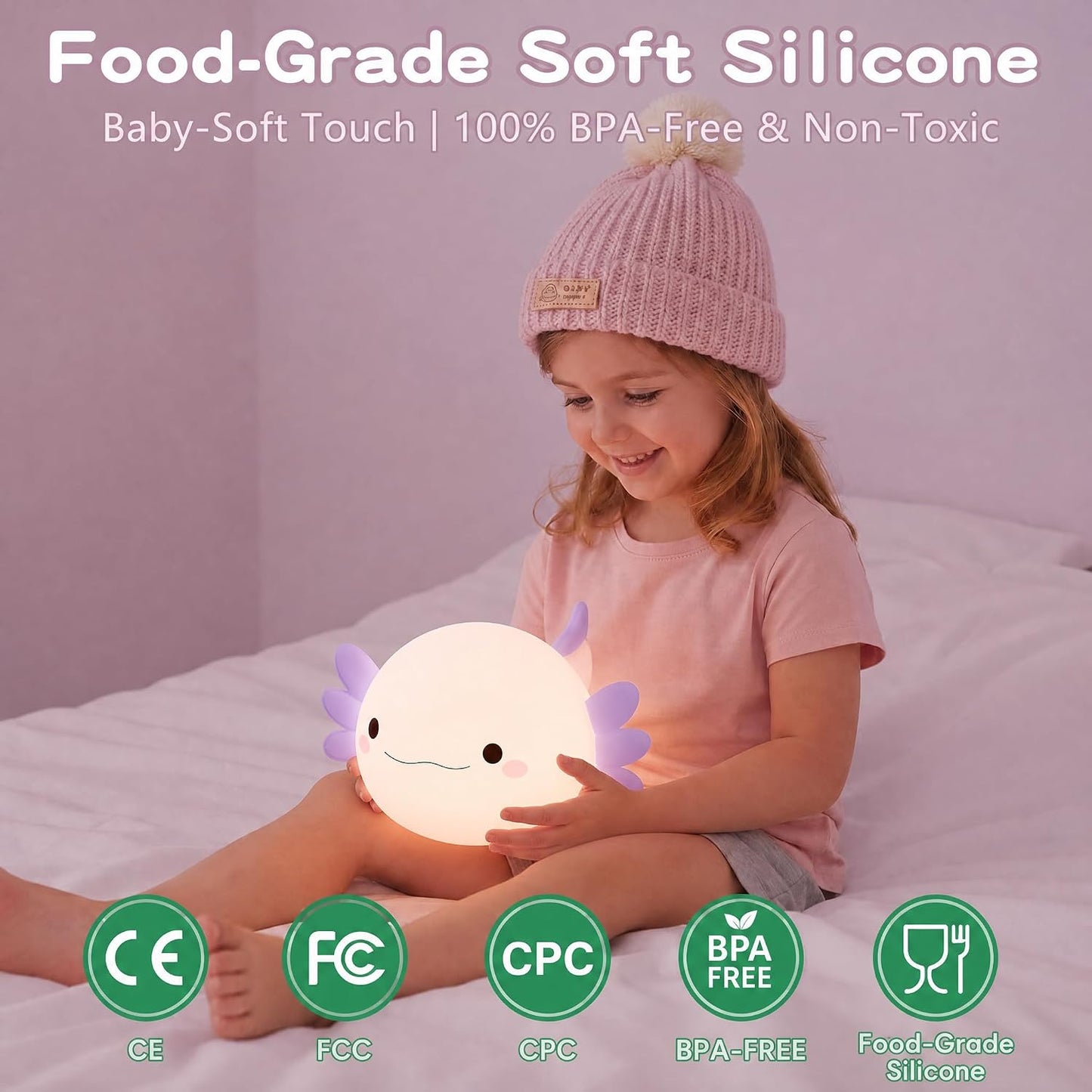 Purple Axolotl Night Light for Kids, Squishy Silicone Nursery Lamp | Touch Control, 24-Hour Battery, 20-Min Timer, 3000K Warm LED, BPA-Free Silicone, Baby Nursery Decor, Gift for Kids